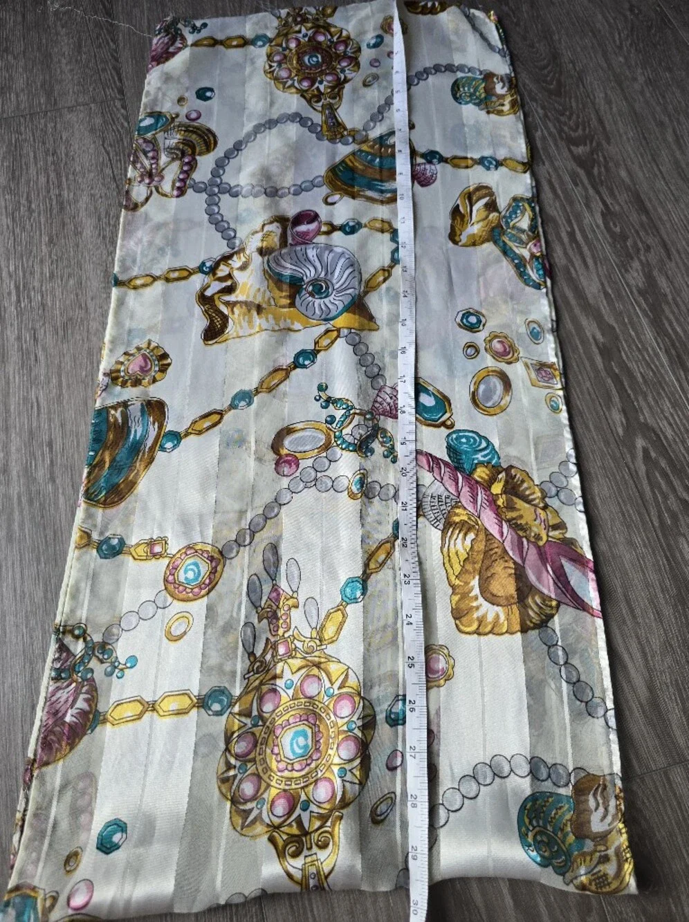 Satin Stripe Oblong Scarf Nautical Seashell Pearl Jewel Print Cream Gold Long